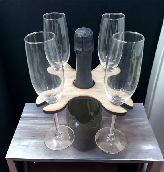 Customised Four Wine Glasses Holder for Champagne & Wine Bottles, Choice of Woods and acrylic colours. Bespoke Sizes/Shapes Made 20x20cm 8"x8"