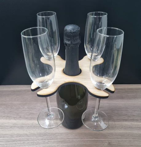 Customised Four Wine Glasses Holder for Champagne & Wine Bottles, Choice of Woods and acrylic colours. Bespoke Sizes/Shapes Made 20x20cm 8"x8"