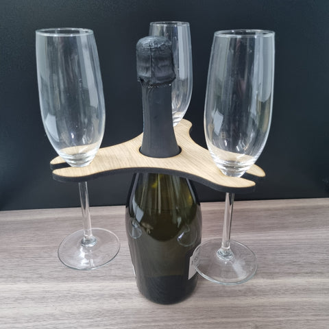 Customised Three Wine Glasses Holder for Champagne & Wine Bottles, Choice of Woods and acrylic colours. Bespoke Sizes/Shapes Made 18x18cm 7"x7"