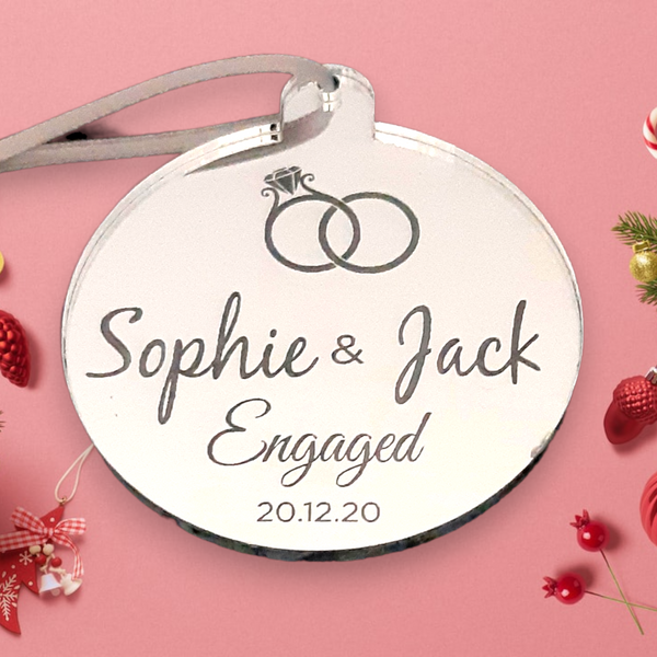 Bauble "Engagement Name & Date" Personalised Engraved Christmas Tree Decorations, Many Colours