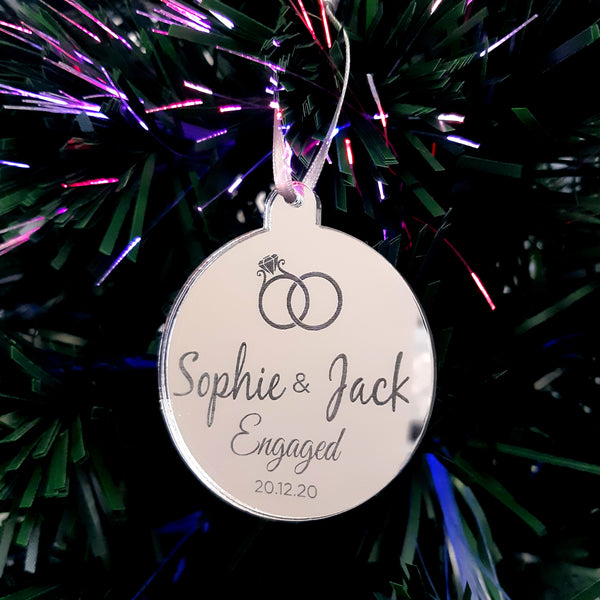 Bauble "Engagement Name & Date" Personalised Engraved Christmas Tree Decorations, Many Colours