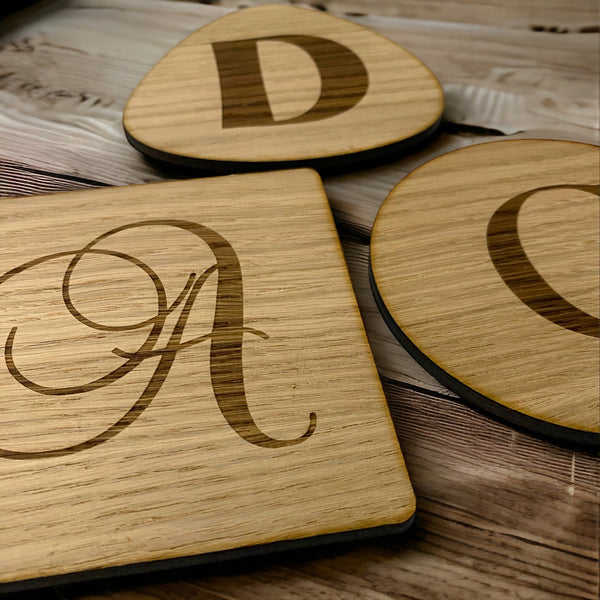 Square Wooden Finish Coasters, Sets of 4, 6 or 8 (12cm 4.5"), Customised Engraving, Wood Colour Options.