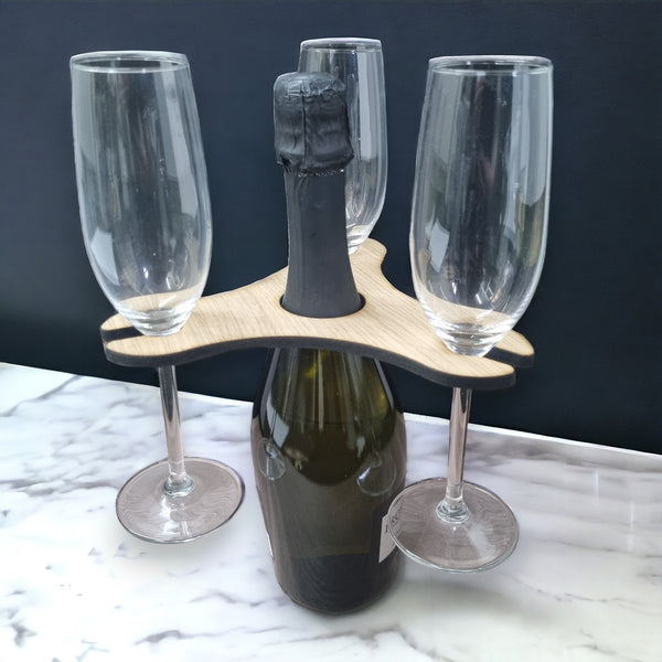Customised Three Wine Glasses Holder for Champagne & Wine Bottles, Choice of Woods and acrylic colours. Bespoke Sizes/Shapes Made 18x18cm 7"x7"