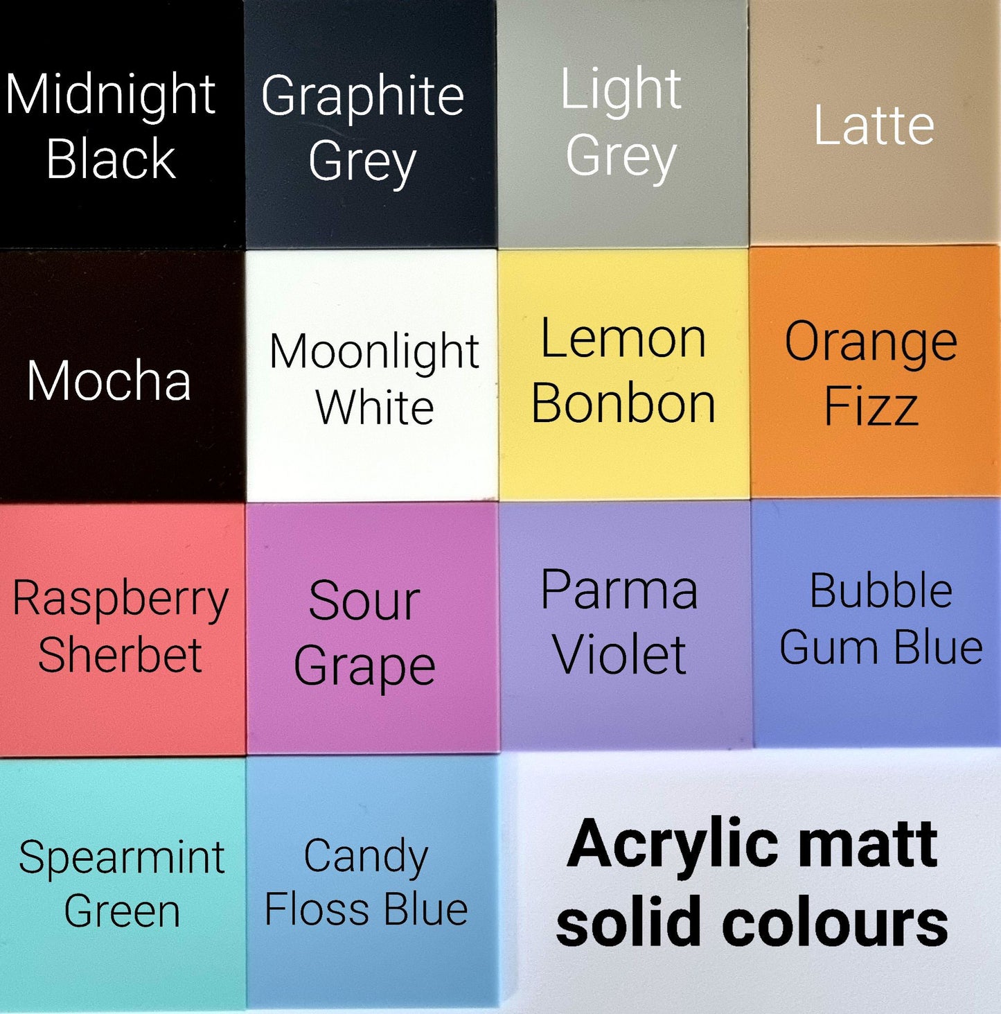 A grid showing 14 matte acrylic color options for SuperCoolCreations clocks, each labeled with its unique name.