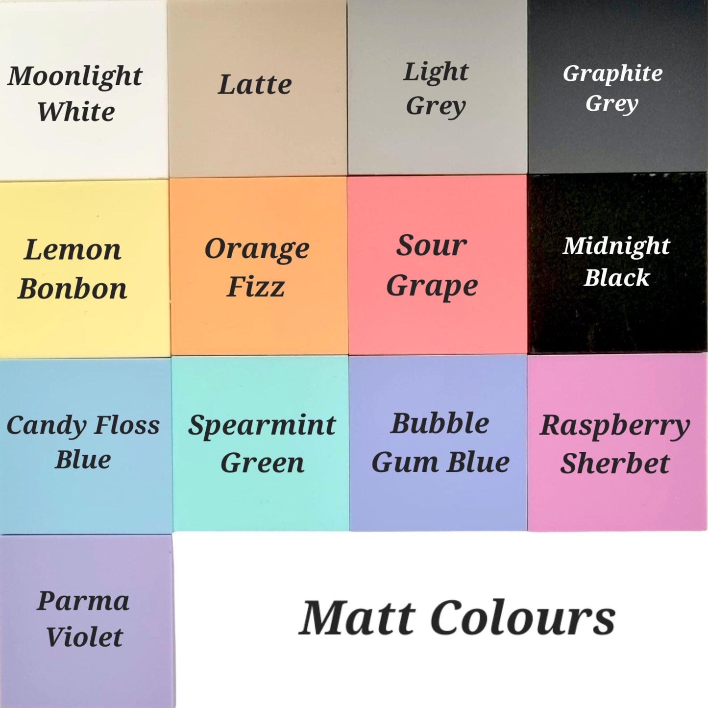A grid of 13 colored squares showing available matt color options for custom clocks, labeled with their names.
