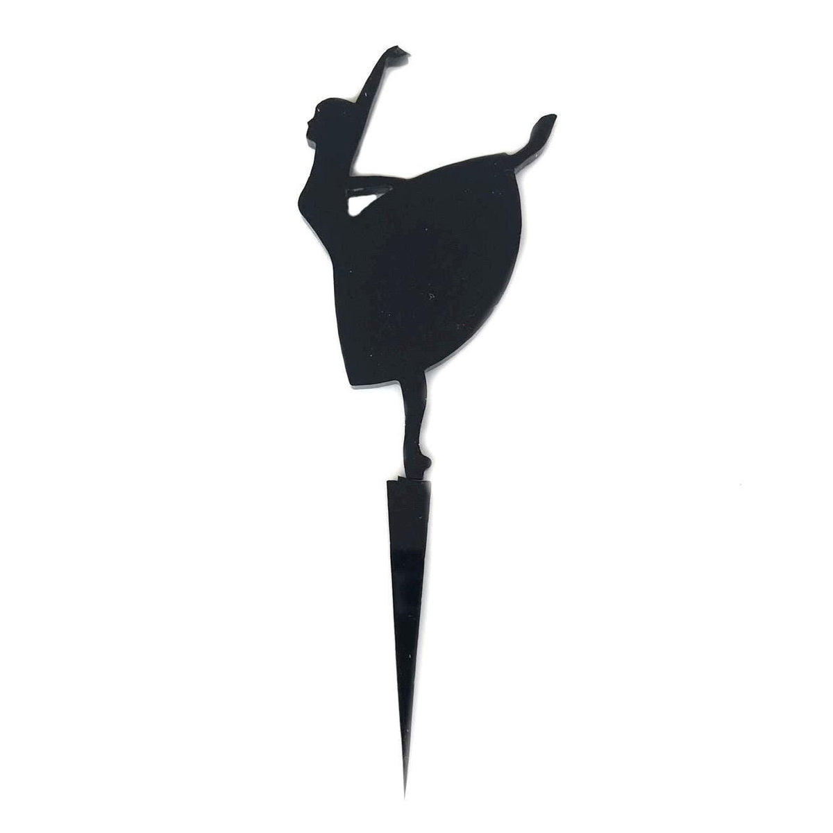 Black acrylic cake topper silhouette of a ballerina dancing on a single pointed stake.