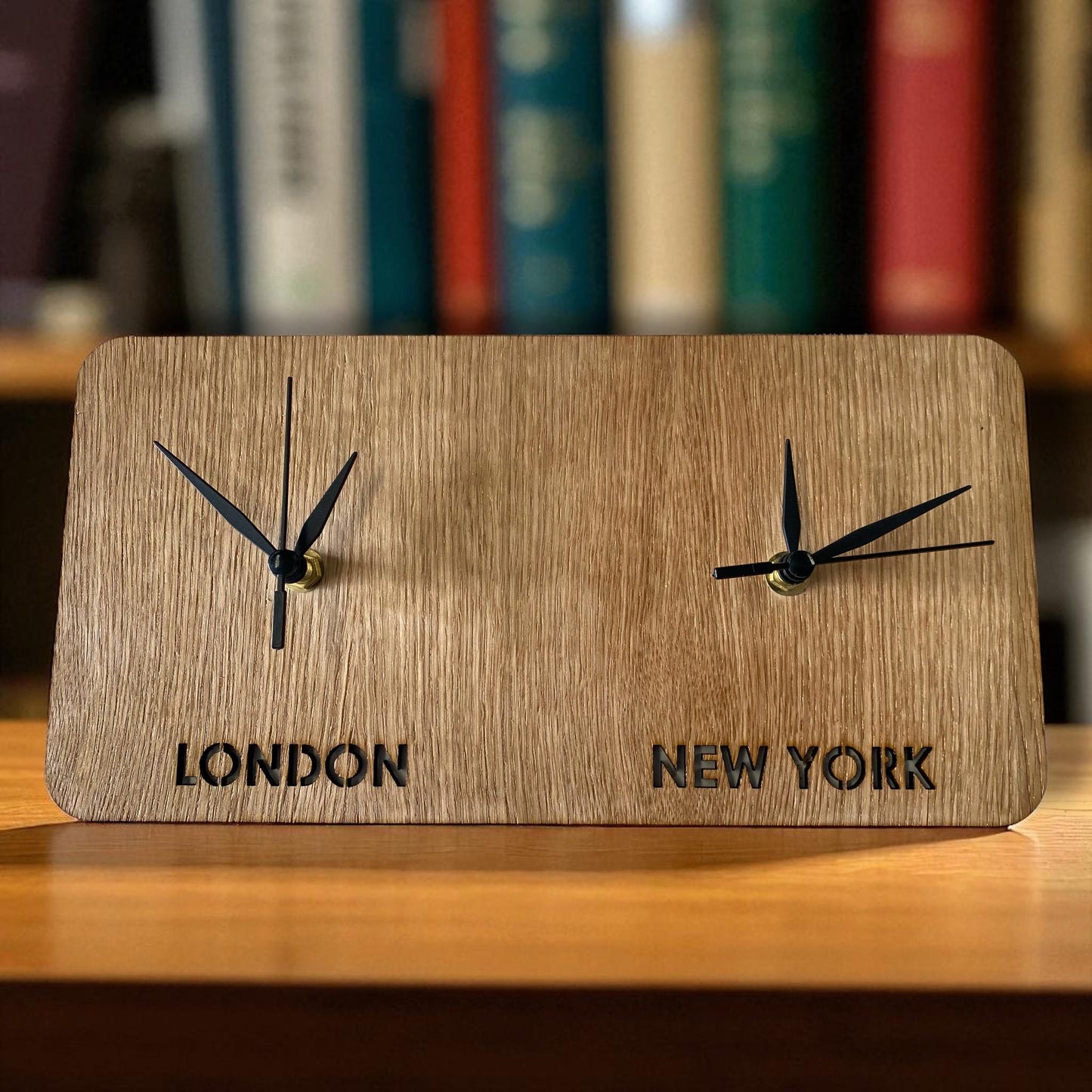 Custom Two Time Zone Clock: Personalized Wood Veneer Desk or Wall Clock