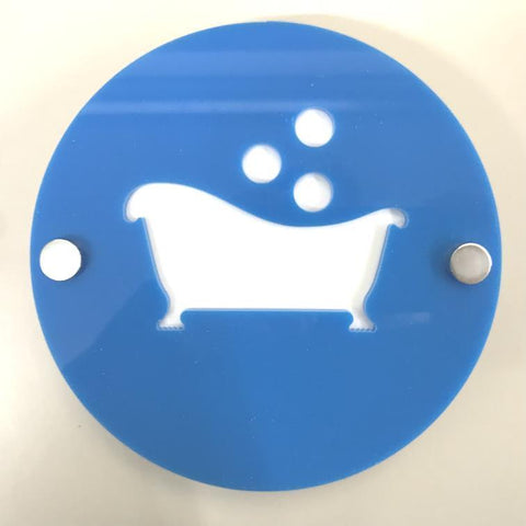 Round Bathroom "Bath & Bubbles" Sign - Bright Blue & White Gloss Finish