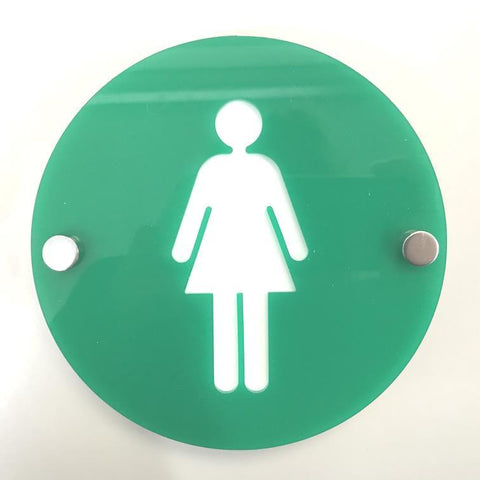 Round Female Toilet Sign - Green & White Gloss Finish