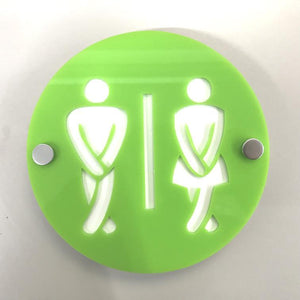 Round Cross Legged Male & Female Toilet Sign - Lime Green & White Gloss Finish