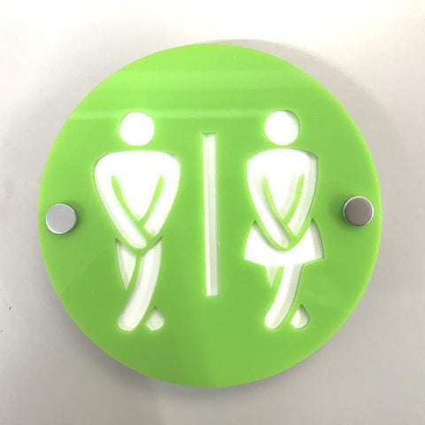 Round Cross Legged Male & Female Toilet Sign - Lime Green & White Gloss Finish