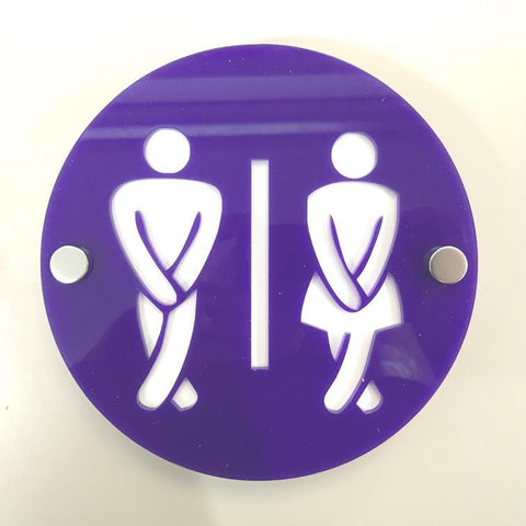Round Cross Legged Male & Female Toilet Sign - Purple & White Gloss Finish