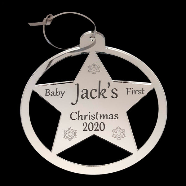 Round Star "Baby's 1st Christmas" Engraved Christmas Tree Decorations Mirrored