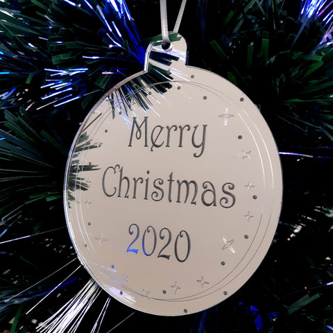 Bauble "Merry Christmas & Year" Engraved Christmas Tree Decorations Mirrored