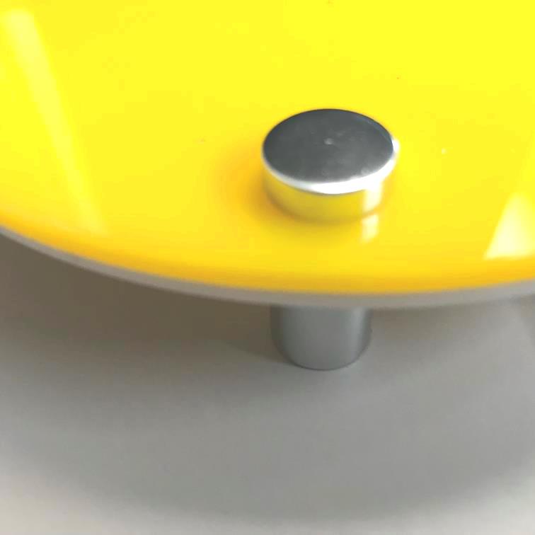 Bright yellow acrylic house sign mounted with sleek silver standoffs. Modern minimalist style by SuperCoolCreations.