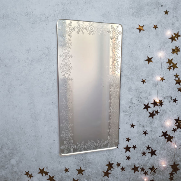 Snowflake Rectangle Shaped Mirrors with White Backing & Hooks