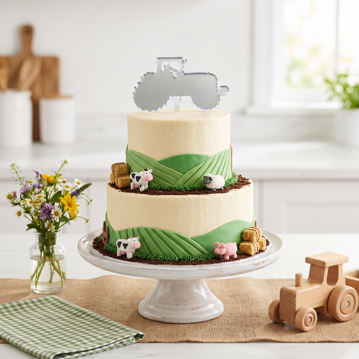 John Deere Style Tractor Cake Topper for Farm Birthday Decorations