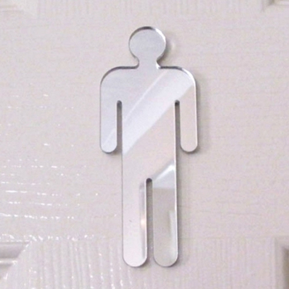 Mirrored male toilet sign mounted on a white door.