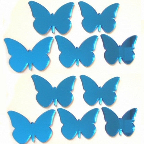Ten blue butterfly-shaped decorative mirrors in various sizes.
