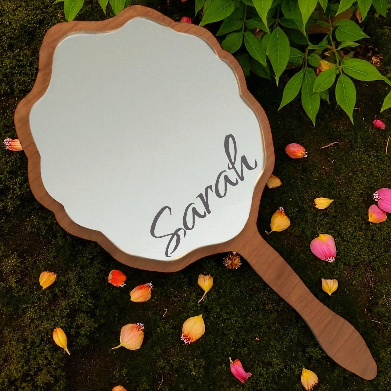 Scalloped Hand Held Wooden Vanity Mirror, Personalised