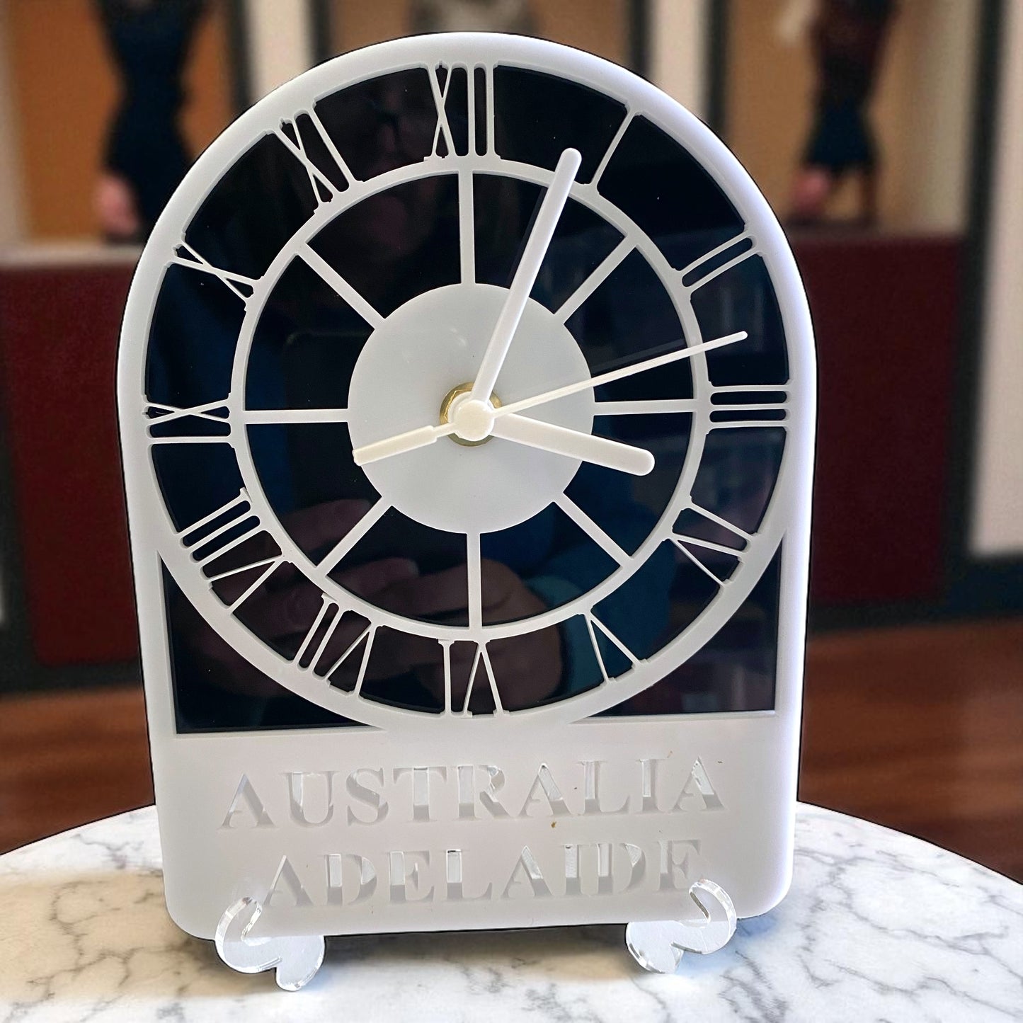 Bespoke Named Skeleton Arched Single Time Zone Clocks & Desk Stand - Many Colour Choices