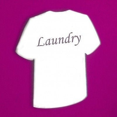 T-shirt shaped mirror with the word Laundry printed across the front.