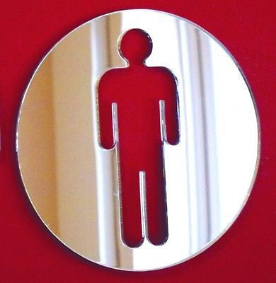 Round mirrored male toilet sign with a cut-out figure on a red background.