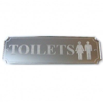Rectangular silver mirror plaque with scalloped edges, engraved with the word "TOILETS" and male and female icons.