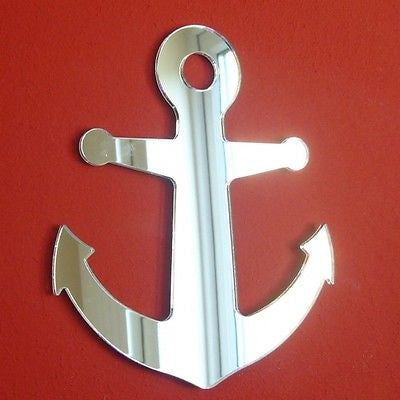 Anchor-shaped reflective mirror on a red background.