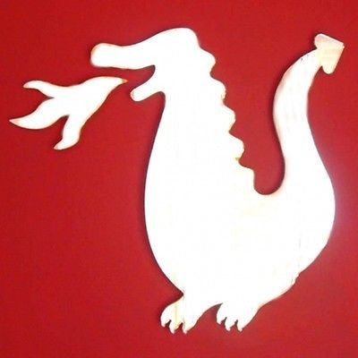 White wooden dragon mirror breathing fire, shaped on a solid red background.