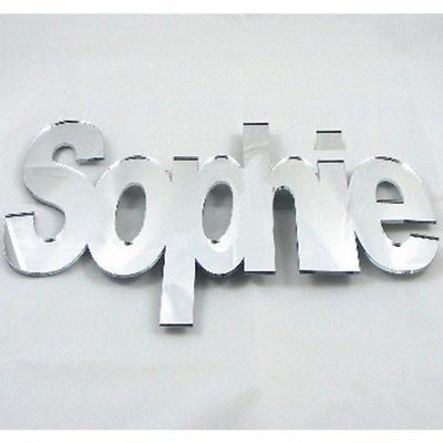 Custom silver mirrored name cutout spelling "Sophie" on a white background.