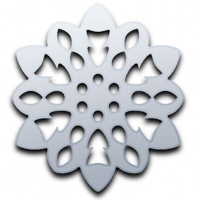 Silver snowflake-shaped decorative mirror with intricate cutout patterns and a central cluster of circular holes.