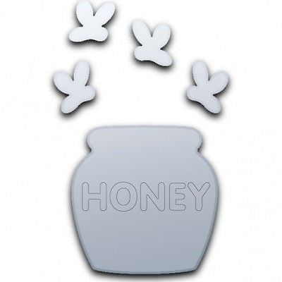 Honey pot and four small bee mirrors with reflective surfaces.