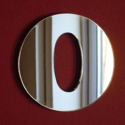 A reflective silver mirror shaped like the number 0 against a red background.