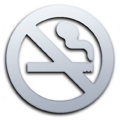 Round silver no smoking sign with a cigarette and smoke graphic.
