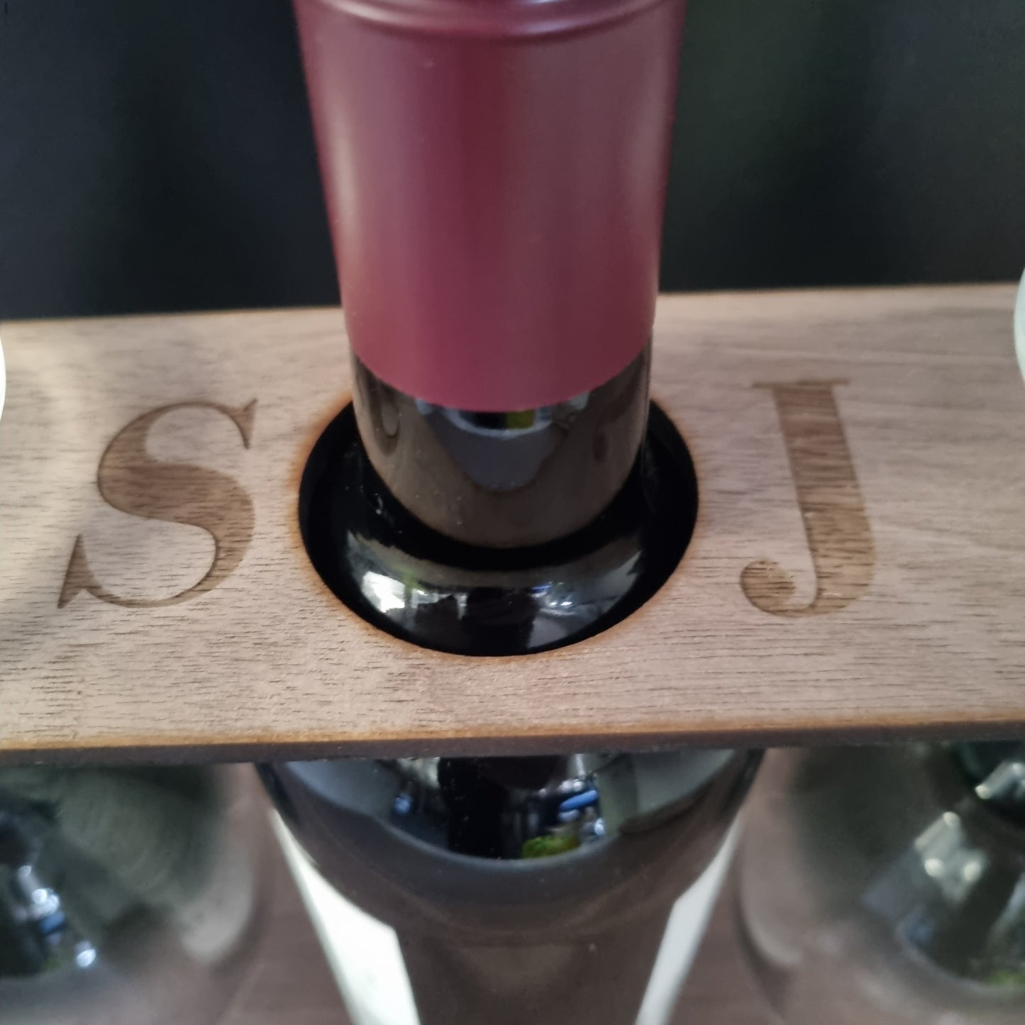 Customised Oblong Two Wine Glasses Holder for Champagne & Wine Bottles, Choice of Woods and acrylic colours. 23x6cm 9"x3"