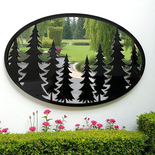 Oval garden mirror with a black frame featuring a cut-out pine tree silhouette design.