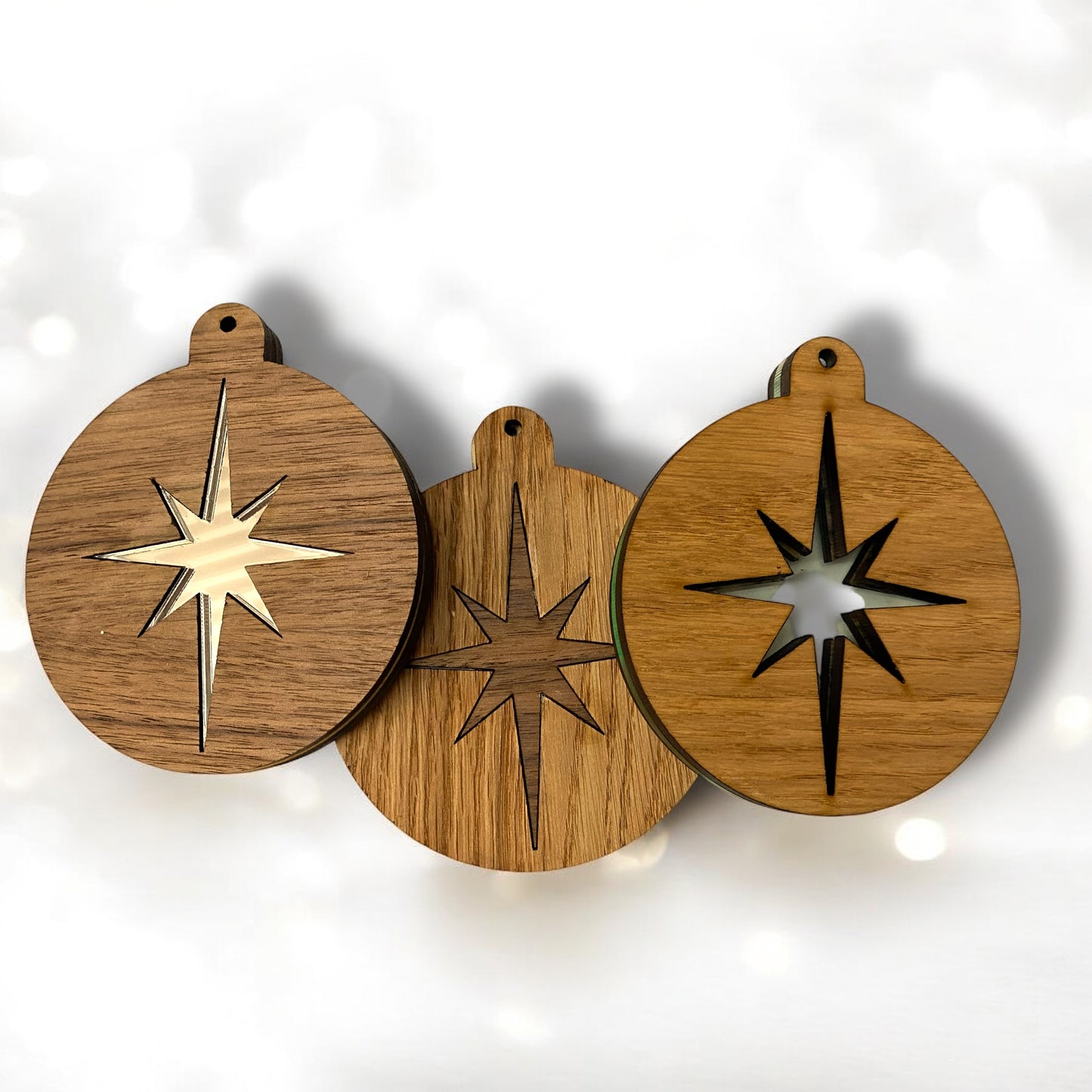 Inlayed Wooden & Mirror Christmas Tree Decorations