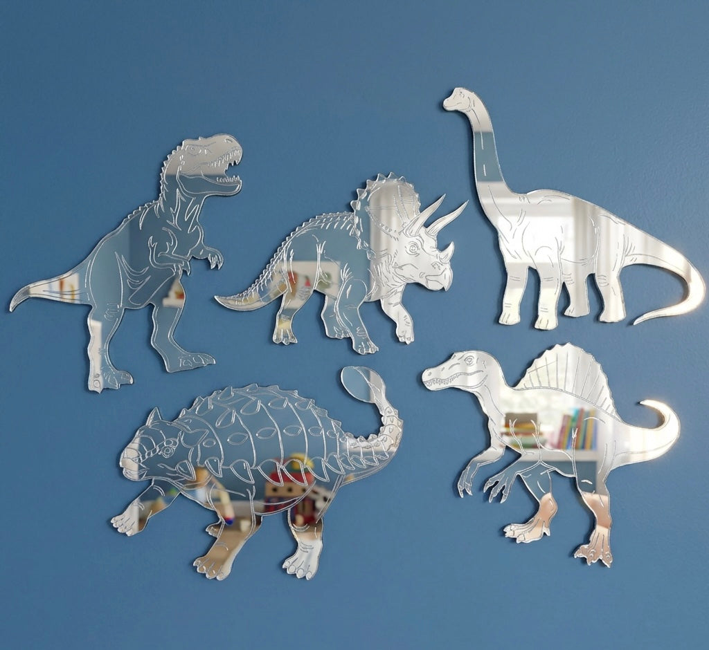 Dinosaur Acrylic Mirror Set, 5 Piece Collection with T-Rex, Triceratops, Brachiosaurus, Spinosaurus, Ankylosaurus