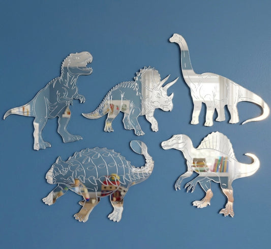 Dinosaur Acrylic Mirror Set, 5 Piece Collection with T-Rex, Triceratops, Brachiosaurus, Spinosaurus, Ankylosaurus