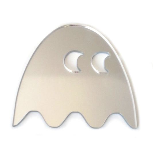 Silver ghost-shaped mirror with crescent moon eye cutouts on a white background.