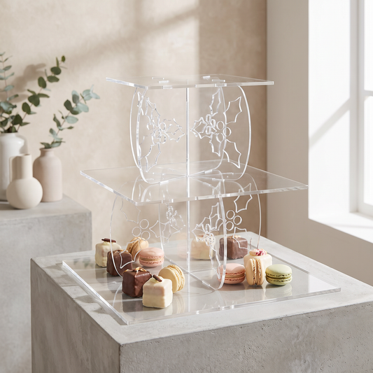 3-Tier Square Holly Design Cake Stand for Holiday Table Decor