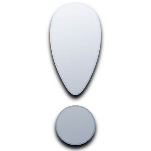 An exclamation mark-shaped wall mirror with a teardrop top and circular base.