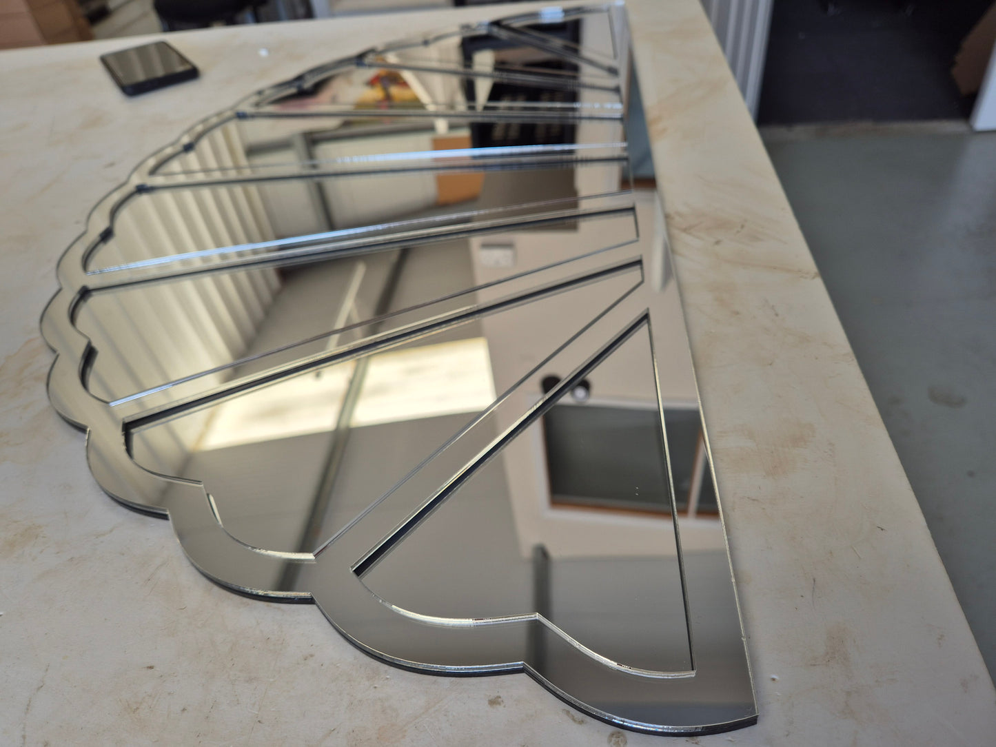 Art Deco Fan Silver Mirror on Mirror Acrylic Frame