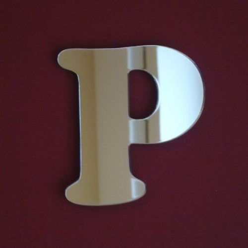 A silver reflective mirror in the shape of a stylized letter P.