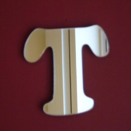 Funky letter T shaped acrylic mirror in silver.