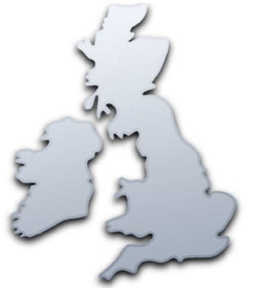 Silver acrylic mirror shaped like the map of the UK and Ireland.