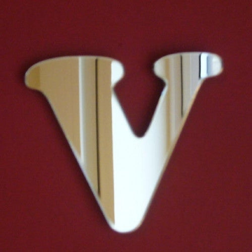 A reflective mirror in the shape of the letter V with a funky, stylized font.