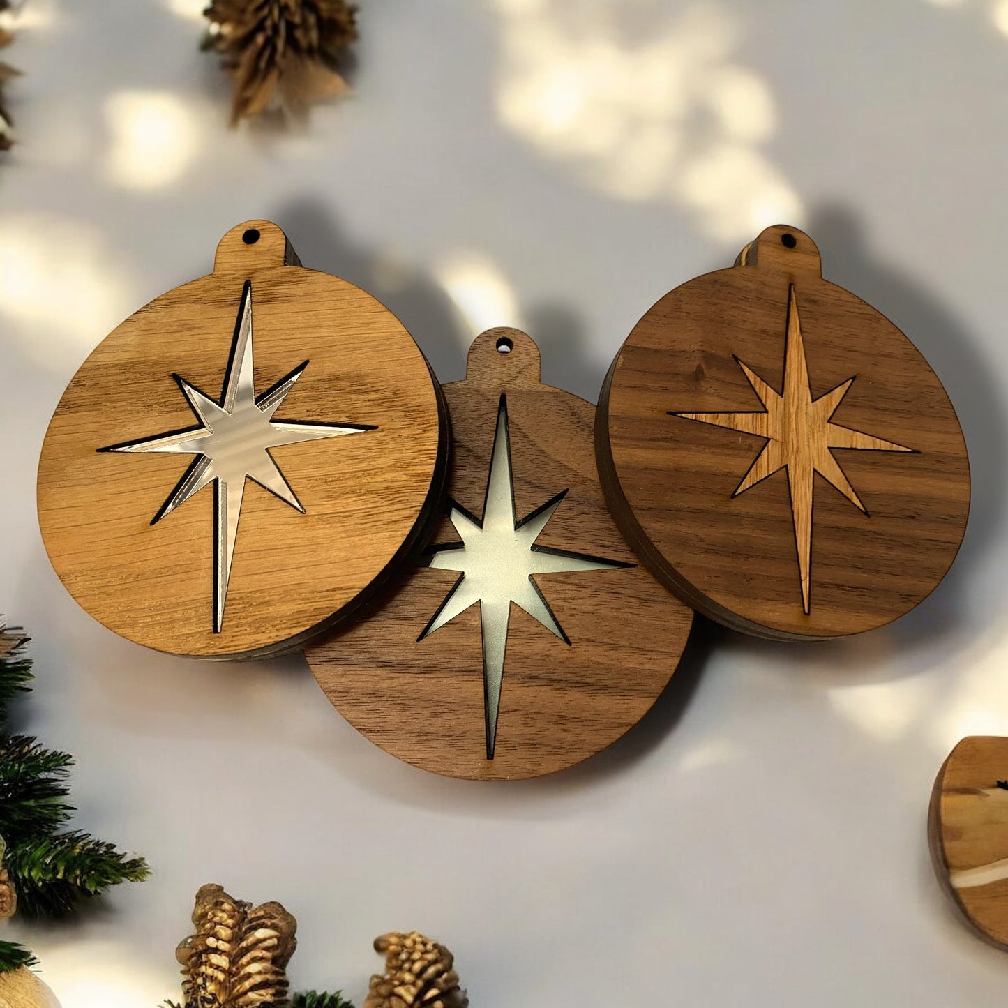 Inlayed Wooden & Mirror Christmas Tree Decorations