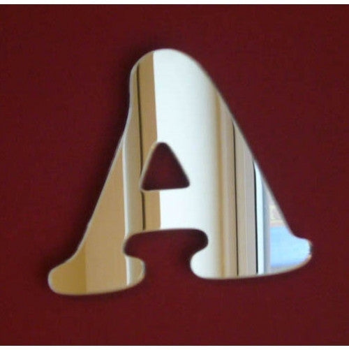 Funky letter A mirror in a reflective silver finish against a dark red background.